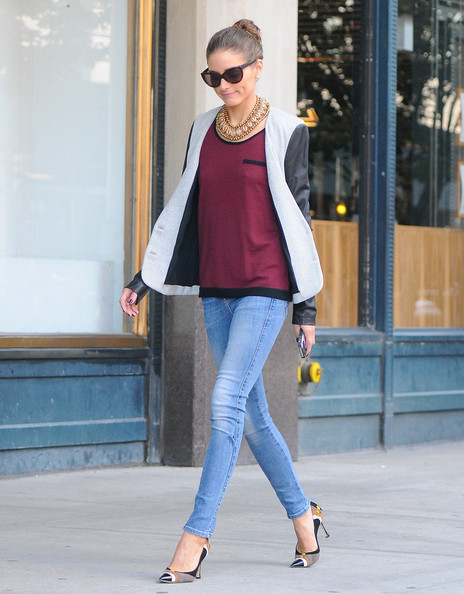 Olivia Palermo Casual Burgundy Sweater Jeans Black And White Leather Sleeve Jacket Heels Sunglasses StyleChi