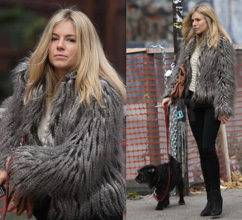 Sienna Miller StyleChi Casual Fuzzy Grey Jacket White Knit Black Skinny Jeans Black Suede Ankle Boots Walking Dog