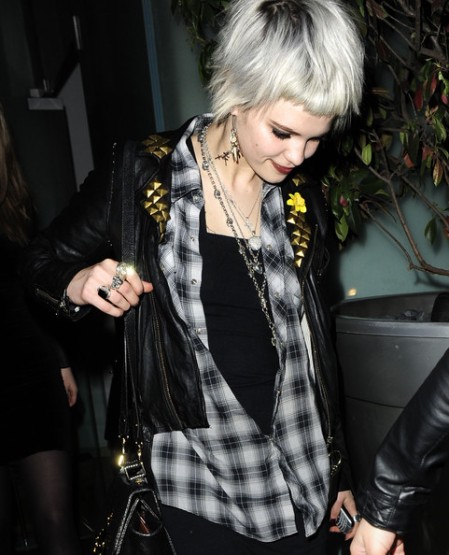 Pixie-Geldof-Best-Looks-StyleChi-Checked-Black-Grey-Shirt-Studded-Leather-Jacket-Statement-Chain-Earrings-Blonde-White-Crop
