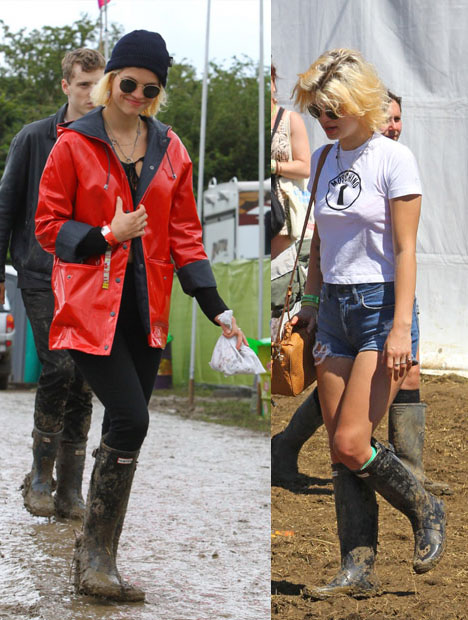 Pixie-Geldof-Best-Looks-StyleChi-Festival-Style-Wellies-Ripped-Shorts-Red-Parka-Round-Sunglasses-Blonde